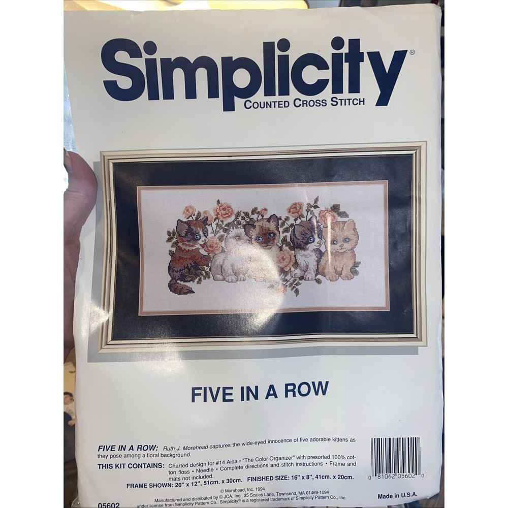 Simplicity Counted Cross Stitch Kit Five in a Row Kittens 05602 New Vintage 1994